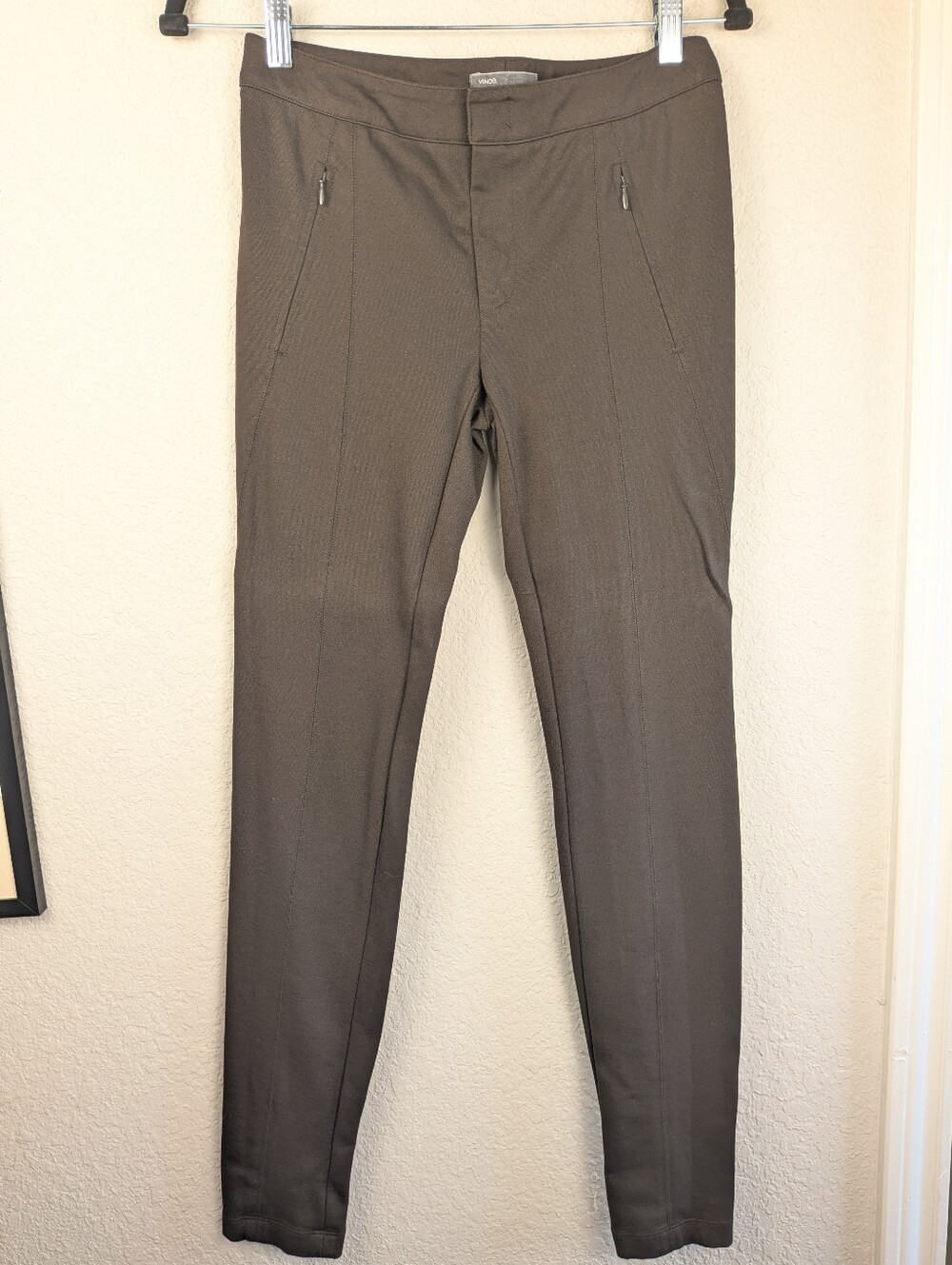 Vince Size 4 Ponte Skinny Stretch Pants Zip Pockets Seams Brown Equestrian Fall